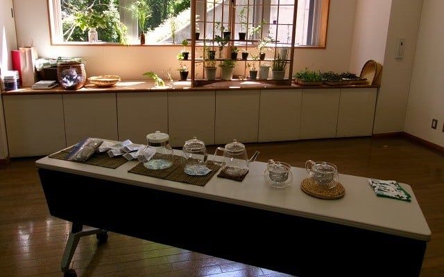 野草茶の茶器や、薬用植物の写真