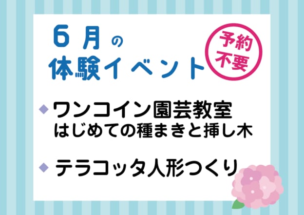 【予約無しでOK】6月の体験イベント(ワンコイン園芸体験/テラコッタ人形づくり)