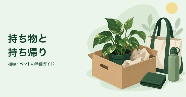 植物の持ち帰り用の箱や袋、飲み物を描いたイラスト。持ち物と持ち帰り