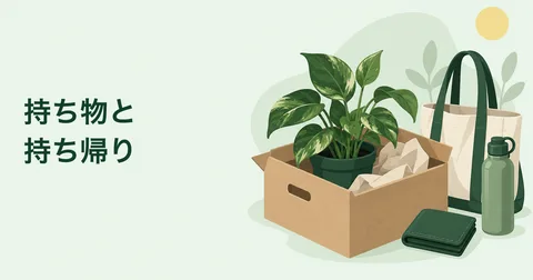 植物の持ち帰り用の箱や袋、飲み物を描いたイラスト。持ち物と持ち帰り