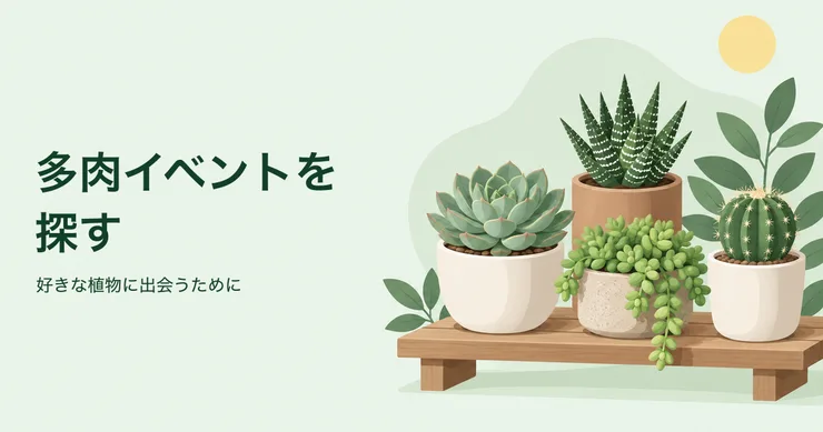 色や形の違う多肉植物が並ぶ売り場のイラスト。多肉イベントを探す